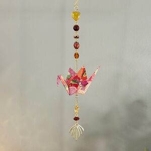 Origami Ornament #2415 - Medium Crane with Repurposed Beads